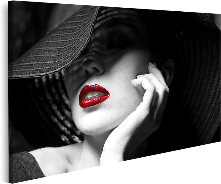islandburner Bild auf Leinwand Mysteriöse Frau Mit Schwarzem Hut Und Roten Lippen Bilder Wandbilder