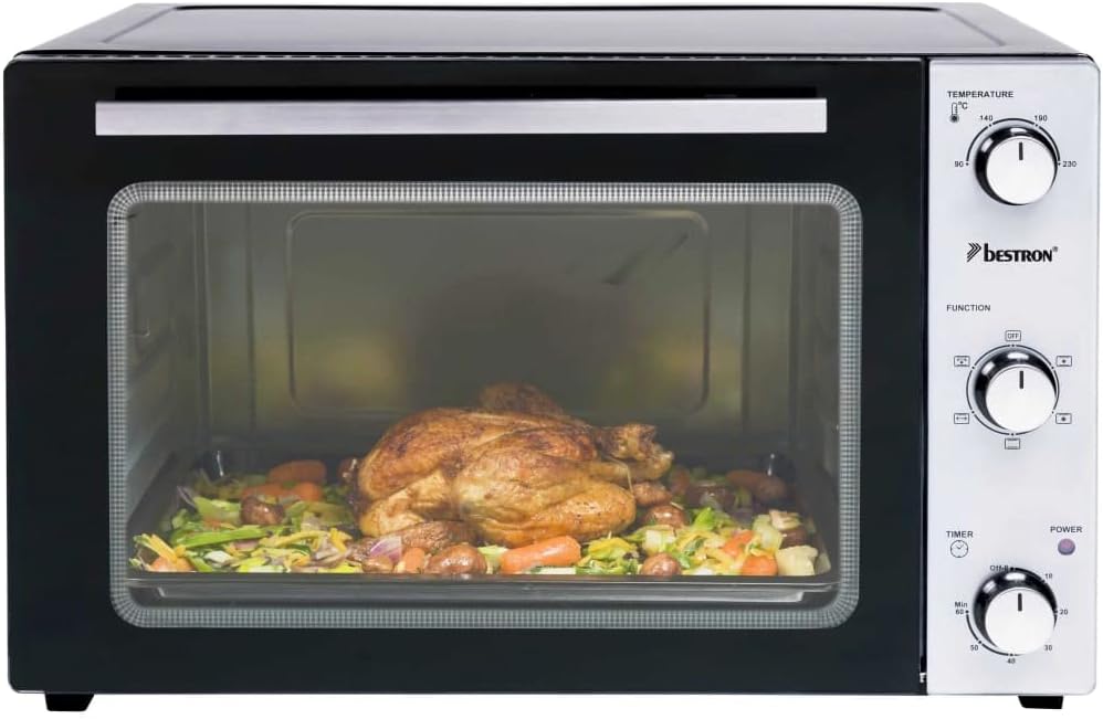 Bestron AOV55 2-in-1 Mini-Backofen mit Drehspiess, 55 Liter, 2000 W, Edelstahl, Schwarz 55 Liter Min