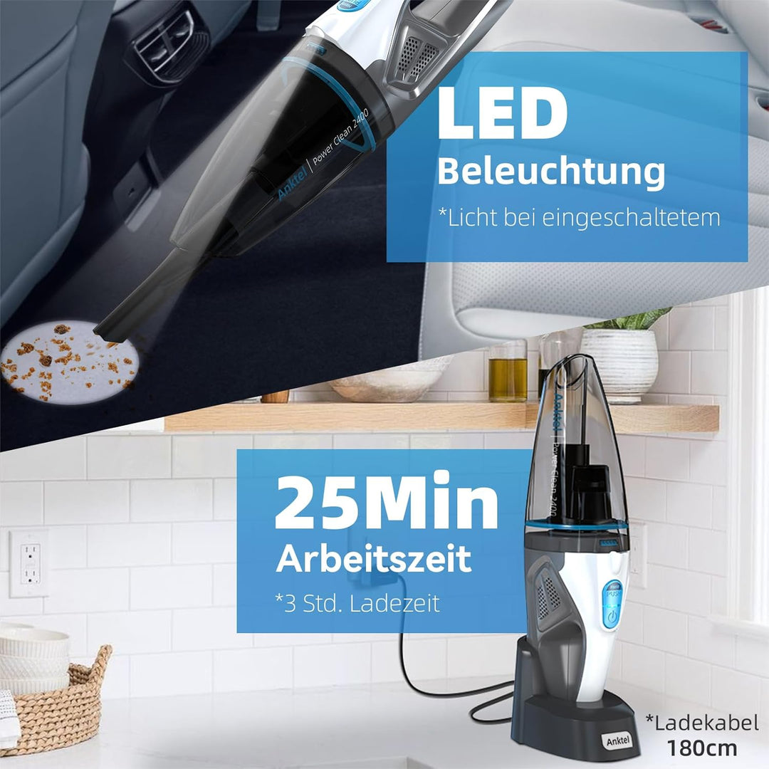 Anktel Handstaubsauger 9000Pa mit LED Beleuchtung Handstaubsauger Akku Kabellos Nass&Trocken Handsau