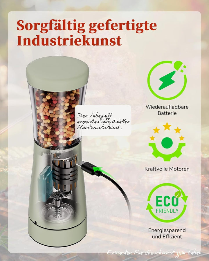 Salz und Pfeffermühlen elektrisch 2er Set aus Edelstahl (Wiederaufladbar, LED Beleuchtung, mit einst
