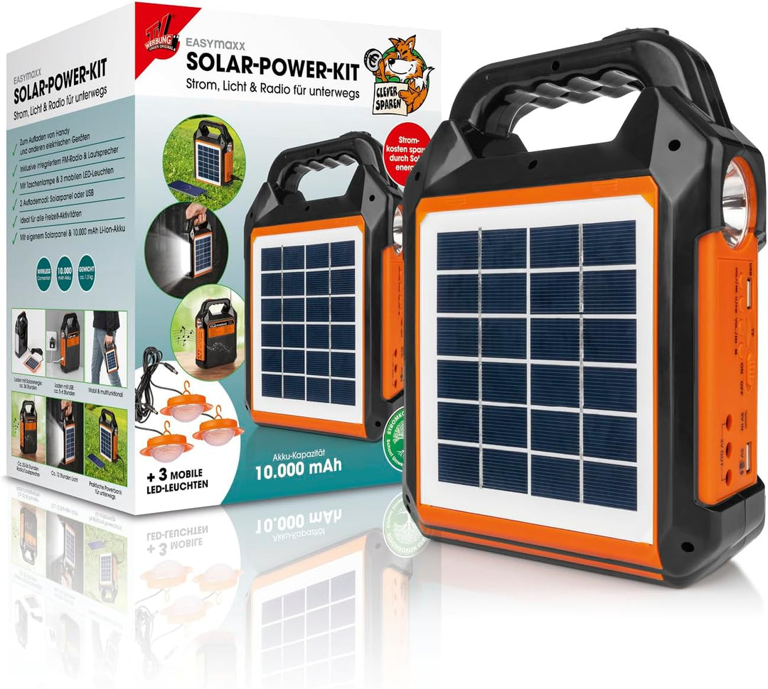 EASYmaxx Solar-Generator Kit 4500mAh | 2 Auflademodi: Solarpanel oder USB | Zum Aufladen von Handy,