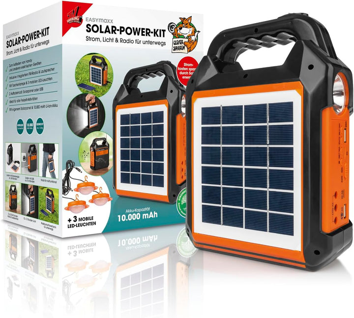 EASYmaxx Solar-Generator Kit 4500mAh | 2 Auflademodi: Solarpanel oder USB | Zum Aufladen von Handy,