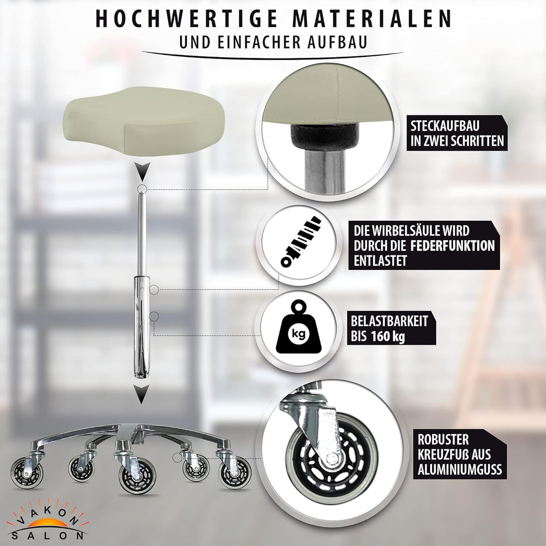 VAKON SALON - Ergonomischer Sitzhocker weiss höhenverstellbar von 50 bis 65 cm Rollhocker - Drehhock