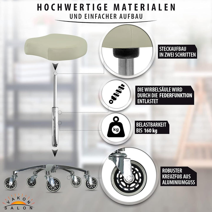 VAKON SALON - Ergonomischer Sitzhocker weiss höhenverstellbar von 50 bis 65 cm Rollhocker - Drehhock