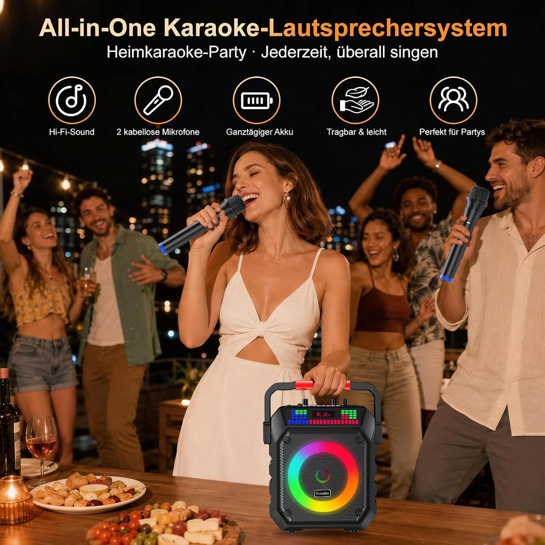 Karaoke Maschine mit 2 Mikrofone, Tragbaren Bluetooth Lautsprecher Box für Erwachsene/Kinder mit Lic