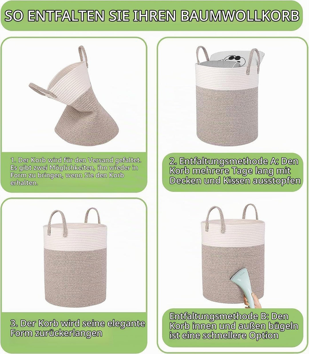 Withosent 49L Wäschekorb Geflochten aus Baumwolle, Wäschesammler mit Henkel, Laundry Basket Aufbewah