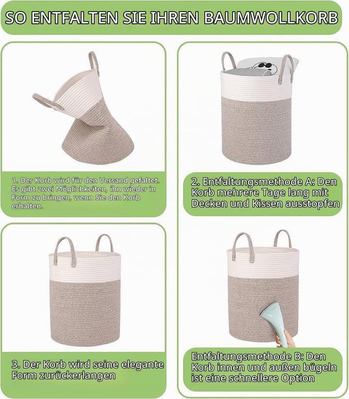 Withosent 49L Wäschekorb Geflochten aus Baumwolle, Wäschesammler mit Henkel, Laundry Basket Aufbewah