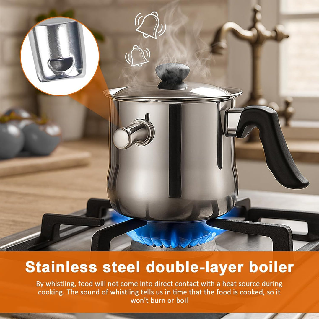 Doppelwandiger Milchtopf Induktion 1,5L, Edelstahl Wasserbad Topf mit Deckel und Pfeifton, Simmertop