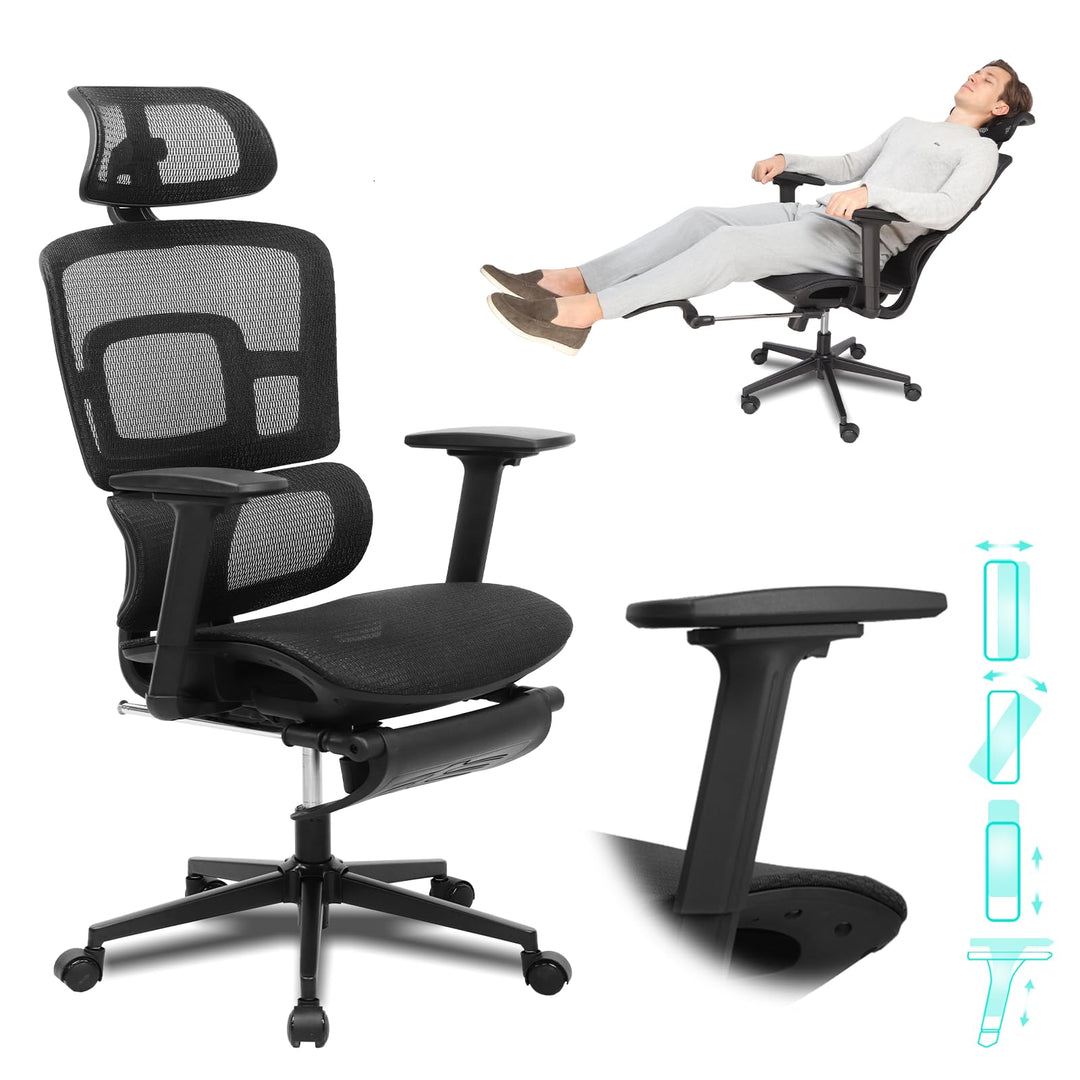Bürostuhl Ergonomisch mit Fussstütze, 4D verstellbare Armlehnen, bequemer drehbarer Computer-Schreib
