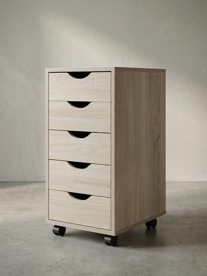 Rollcontainer 33 x 64 x 38 cm MDF-Holz 5 Schubladen Sonoma | Moderner Schubladencontainer mit Rollen