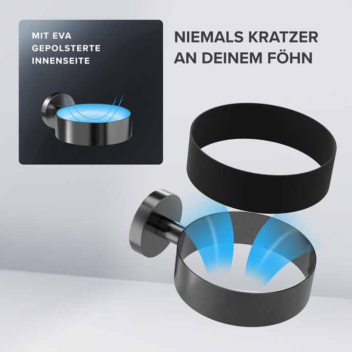 Haartrocknerhalter Mesmogtind | Edelstahl | Gunmetal | Wandmontage zum Bohren | mit Fönpolsterung |