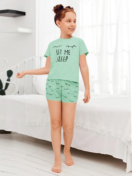 Haloumoning Mädchen Schlafanzüge Sommer Niedliche Shorts Set Bequem Kurzarm Cartoon bedrucktes Pyjam