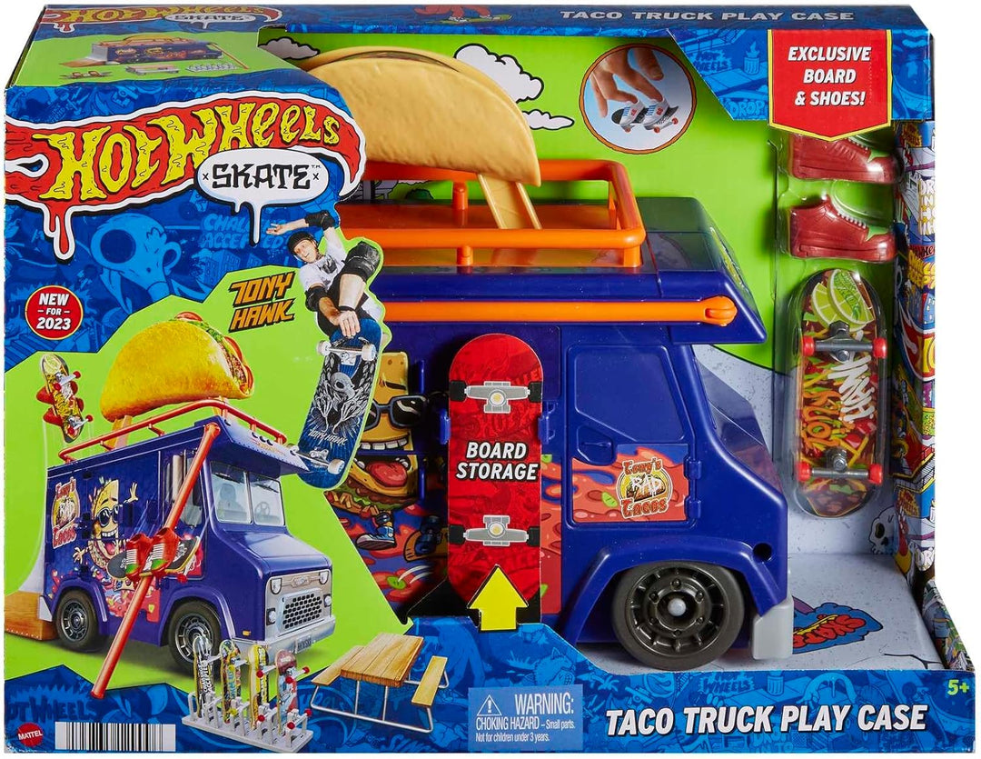 Hot Wheels Skate Taco-Truck Spielkoffer - Mit herausziehbarem Geländer für Coole Skate-Tricks, inklu