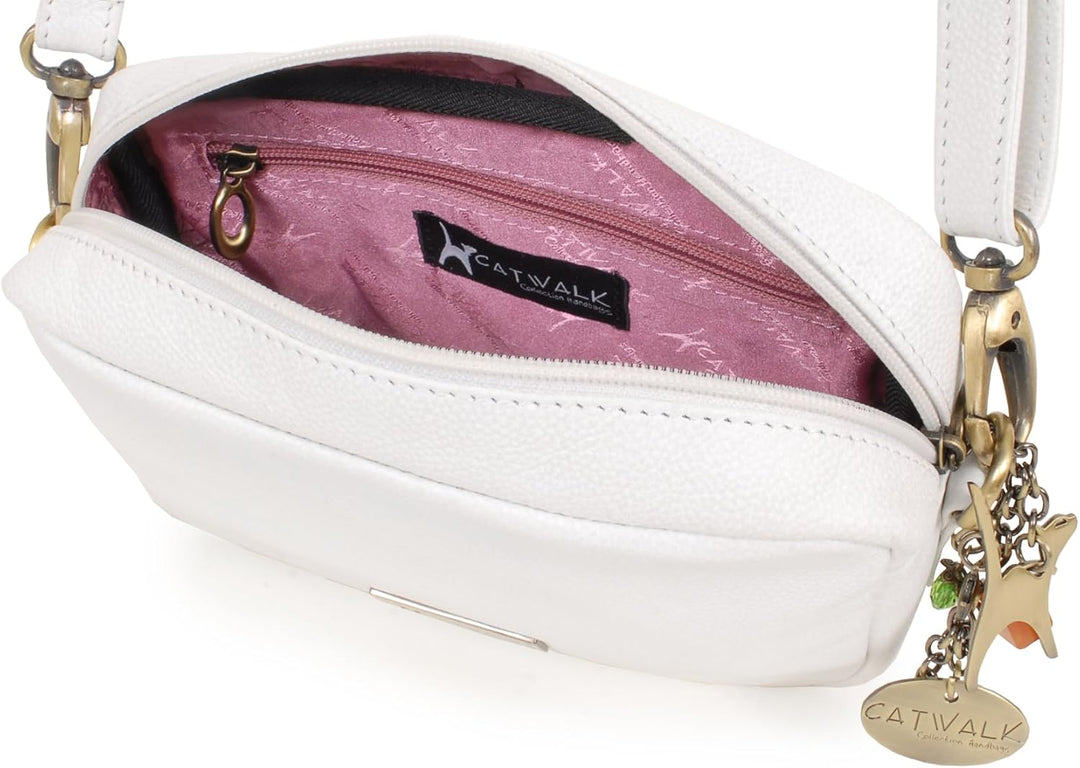 Catwalk Collection Handbags - Leder - Klein Umhängetasche Messenger/Schultertasche - POLLY Weiss, We