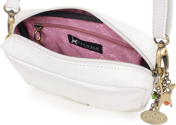 Catwalk Collection Handbags - Leder - Klein Umhängetasche Messenger/Schultertasche - POLLY Weiss, We