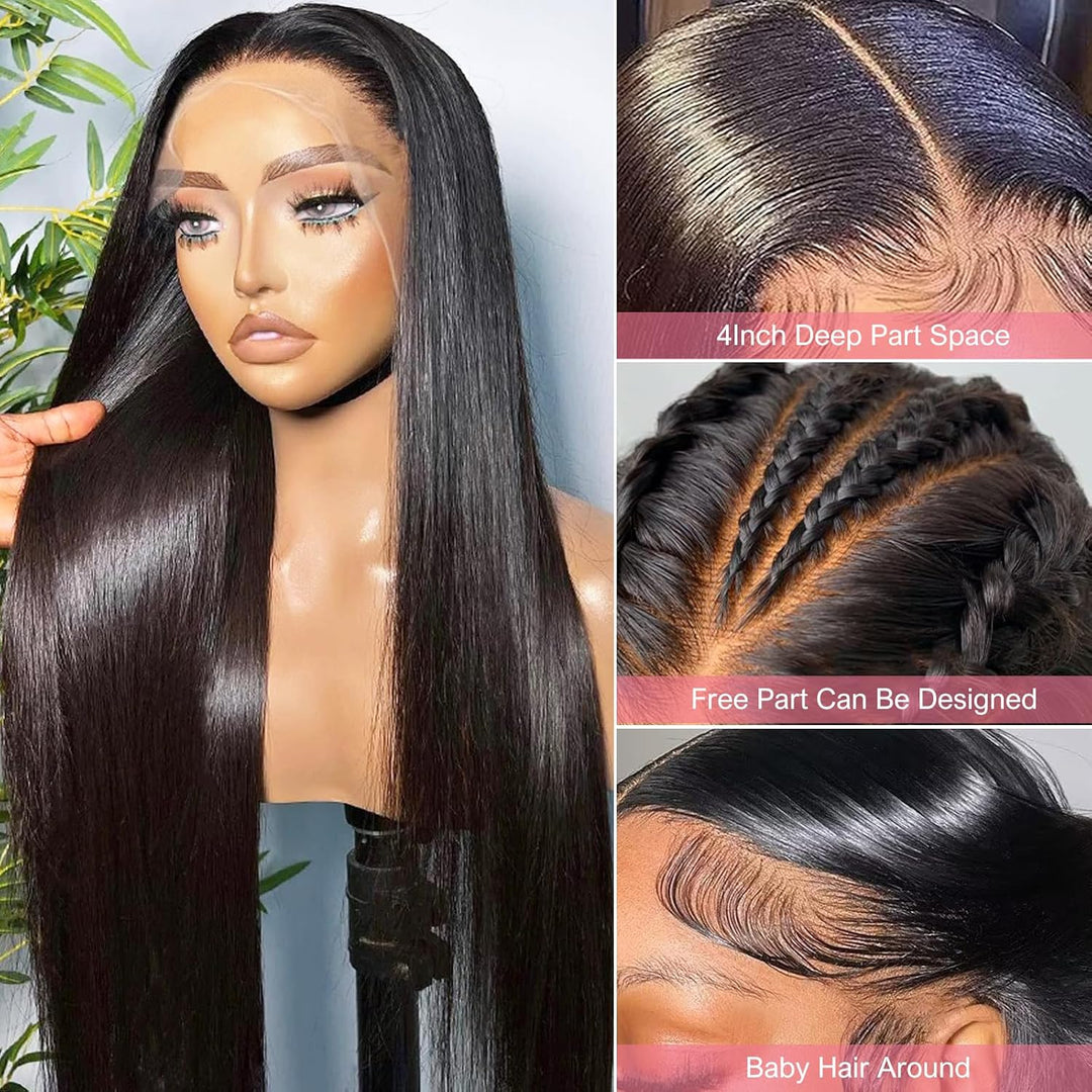 Echthaar Perücke 200% Dichte Straight Perücken Echthaar Damen, 13x4 Transparent Lace Front Human Hai