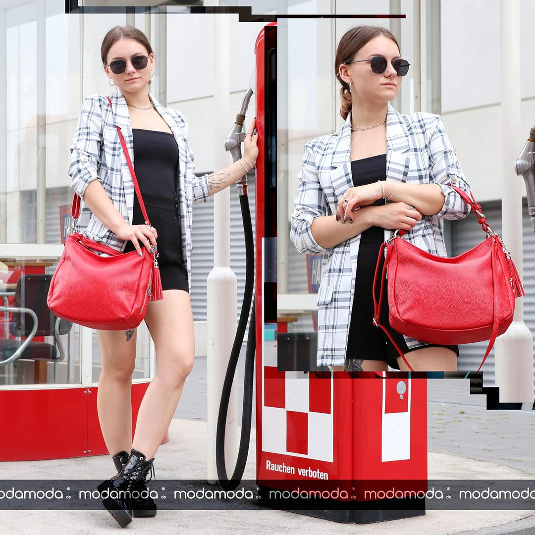 modamoda de T200 Damen Leder Schultertasche Henkeltasche handmade in Italy Beige, Beige