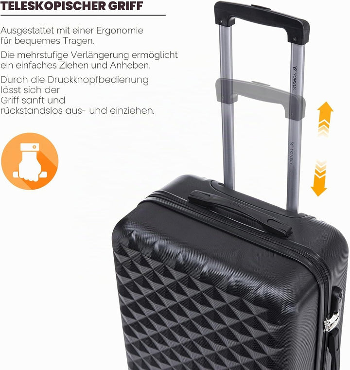Koffer Suitcase L Schwarz, Trolley Reisekoffer, Rollkoffer Handgepäck mit 4 Rollen 360°, Hartschalen