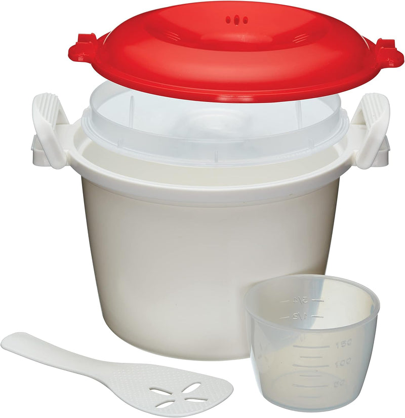 KitchenCraft Reiskocher - Mikrowellen-Dampfgarer, BPA-freier Kunststoff, 1,5 Liter, weiss/rot