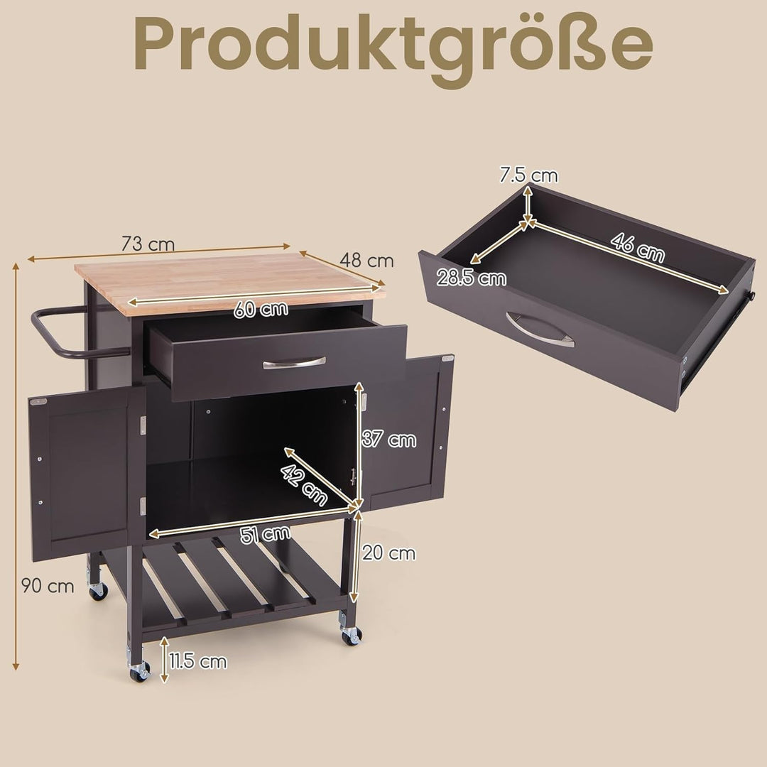 KOMFOTTEU Küchenwagen mit Arbeitsplatte aus Massivholz, Servierwagen mit Doppeltür & Schublade, Roll