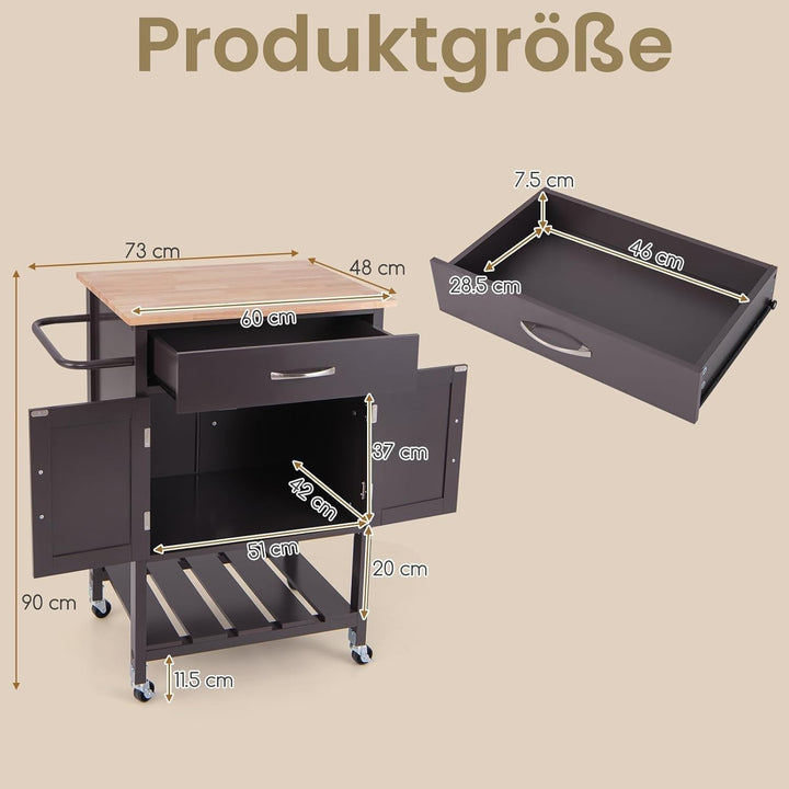 KOMFOTTEU Küchenwagen mit Arbeitsplatte aus Massivholz, Servierwagen mit Doppeltür & Schublade, Roll
