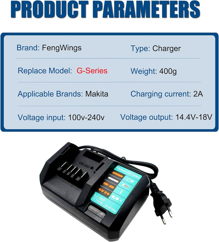 FengWings® 4.0Ah BL1813G Akku + Ladegerät DC18WA Kompatibel mit 18V Makita, Ersatzakku für Makita HP