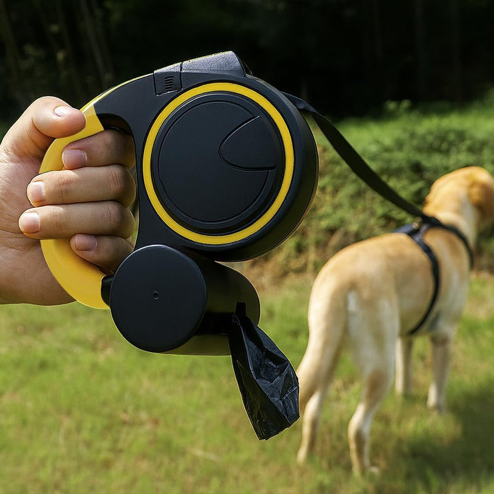 Hunde-Flexileine mit LED-Licht & Kotbeutelspender – 5m Automatikleine für mittelgrosse Hunde 10–25kg