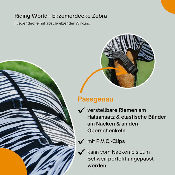 Riding World - Ekzemerdecke Zebra | Fliegendecke mit abschwitzender Wirkung | Pferdedecke mit Bauchl