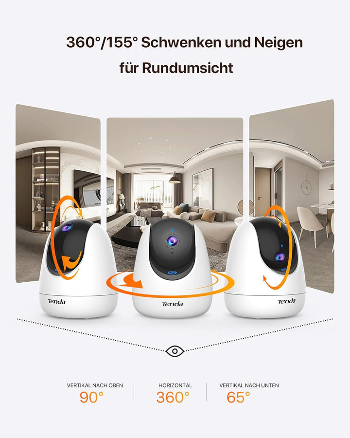 Tenda CP3 Überwachungskamera Innen, 1080p WLAN IP Kamera mit 2-Wege-Audio, 360°/155° drehbar, 12m Na
