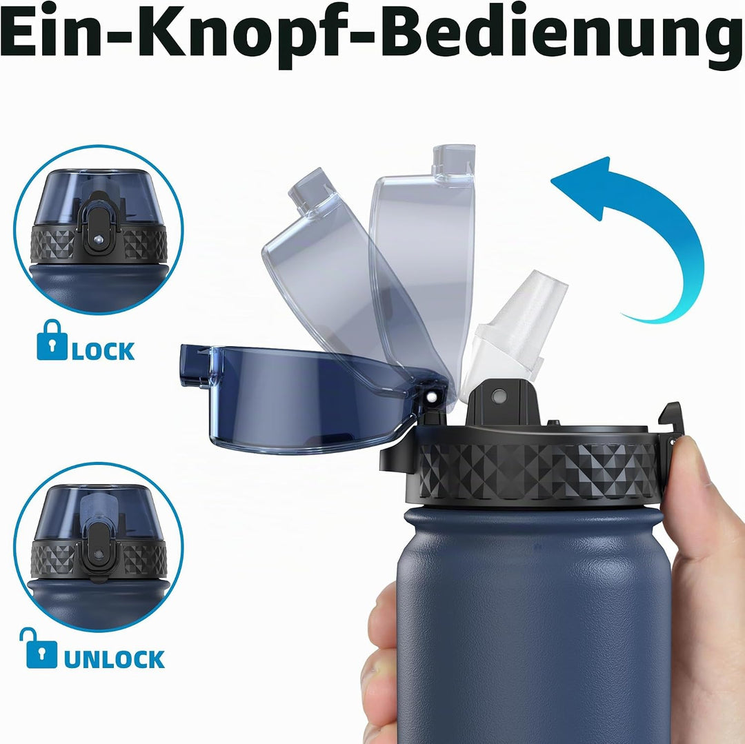 OLDLEY Edelstahl Trinkflasche mit Strohhalm, 1L Isolierte Trinkflasche, Thermosflasche BPA-freie - A