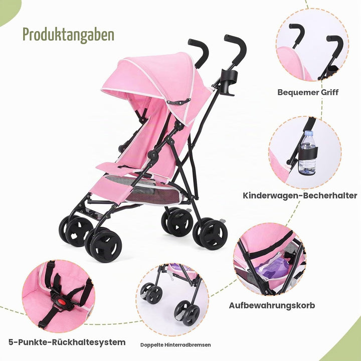 Einhändig klappbarer, leichter Kinderwagen, grosser Aufbewahrungskorb, Verdeck, Getränkehalter, komp