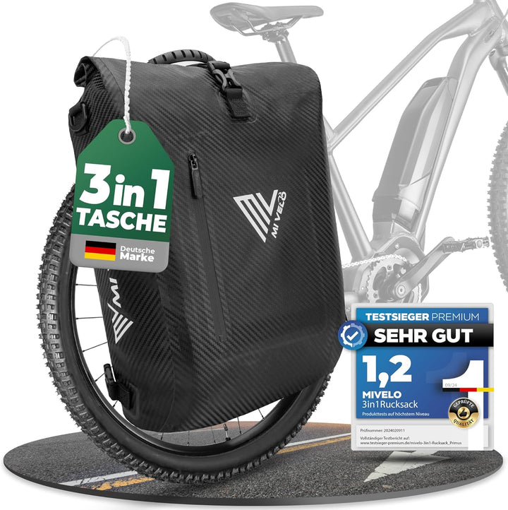 MIVELO - 3 in 1 Fahrradtasche - Rucksack - Schultertasche wasserdicht 100% PVC frei, mit Laptopfach