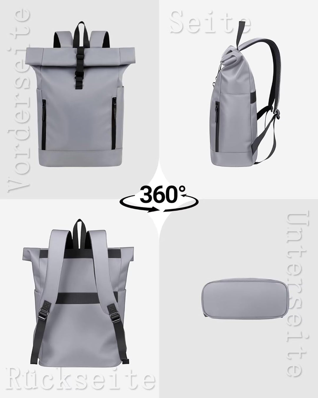 Rolltop Rucksack Herren Wasserdicht Grau Laptop Rucksack mit Computerfach 16 Zoll Elegant Reiserucks