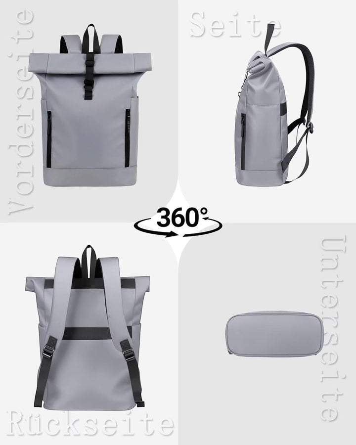 Rolltop Rucksack Herren Wasserdicht Grau Laptop Rucksack mit Computerfach 16 Zoll Elegant Reiserucks