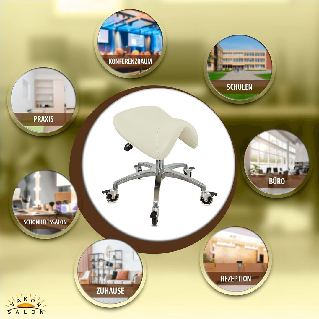 VAKON SALON - Sattelhocker mit Neigung Weiss, Sattelstuhl, Rollhocker höhenverstellbar von 50-65 cm,
