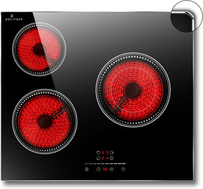 Glaskeramikkochfeld 3 Platten, DELITEER Kochfeld mit Rahmen, 60cm Einbau, 5200W, Slider-Touch-Steuer