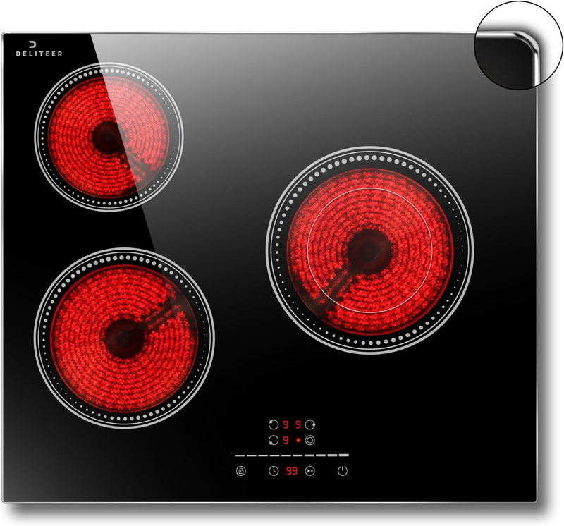 Glaskeramikkochfeld 3 Platten, DELITEER Kochfeld mit Rahmen, 60cm Einbau, 5200W, Slider-Touch-Steuer