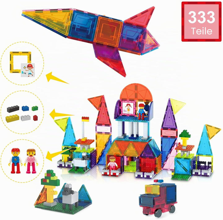 PicassoTiles Set mit 333 magnetischen 3D-Fliesen für Bauarbeiten, kreatives Spielzeug für Kinder ab