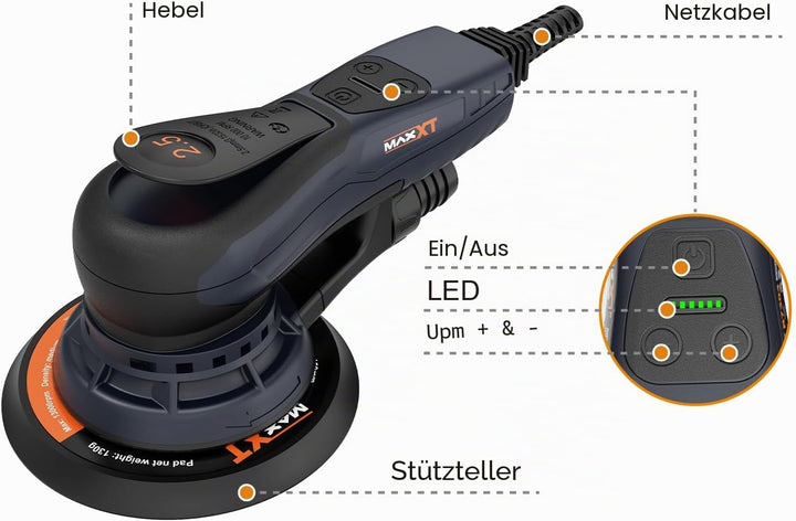 MAXXT Exzenterschleifer, 150 mm (6 Zoll), bürstenloser Motor, 230 V, 2,5 mm Exzenterhub, Schleif- un