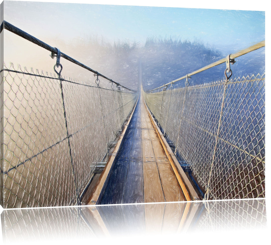 Pixxprint Hängeseilbrücke im Nebelschimmer als Leinwandbild/Grösse: 100x70 cm/Wandbild/Kunstdruck/fe