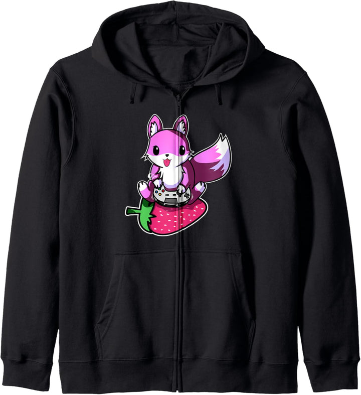 Gamer Fox für Damen, Strawberry Kawaii Videospiele, Mädchen Kapuzenjacke