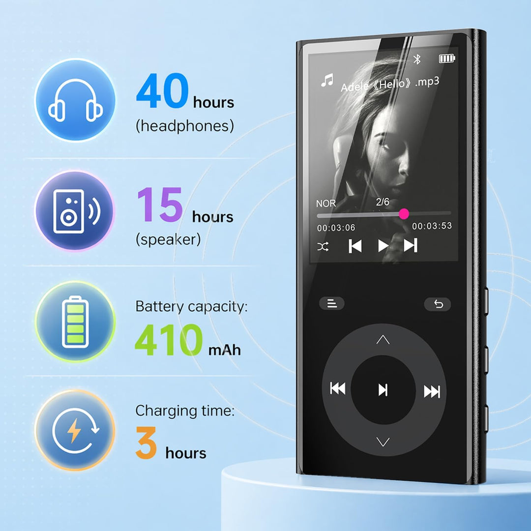 90GB MP3 Player Bluetooth 5.3, Musik Player 2 TF-Kartensteckplätzen, 2,4" Farbbildschirm, Touch-Tast