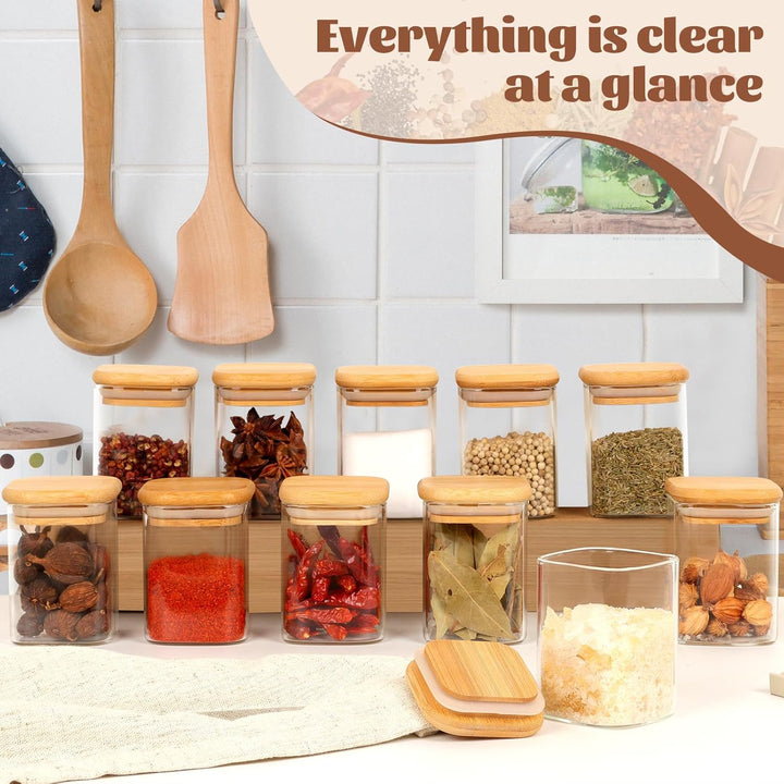 12er Set Gewürzgläser eckig 200 ml luftdicht mit Holzdeckel,Gewürzdosen Set Glas,Gewürzbehälter Spic
