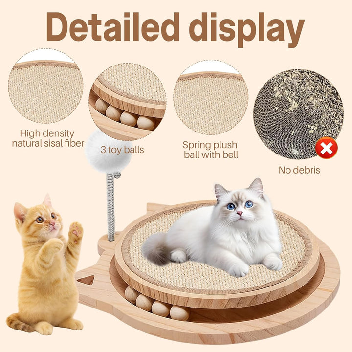 3-IN-1 Kratzbrett Katze Holz, Katzenkratzbrett mit Natürlicher Sisalmatt kratzmöbel Katze mit kugelb