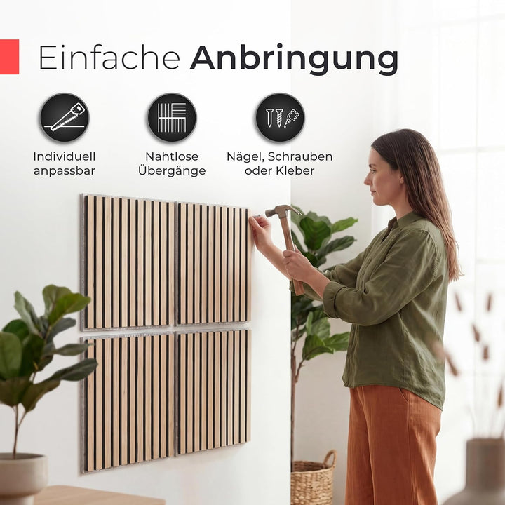 Akustikpaneele Holz – 3er-Set | 60x60cm | Echtholz Eiche & Akustikfilz Grau – 3D Wandpaneele für Sch