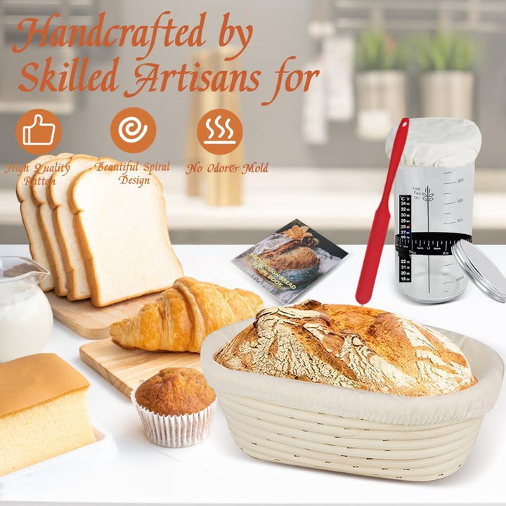 Sauerteig Starter Set, Oval GärkörbchenSet, Brotbacken Startver Set, Gärkorb Brot mit Brotbackzubehö