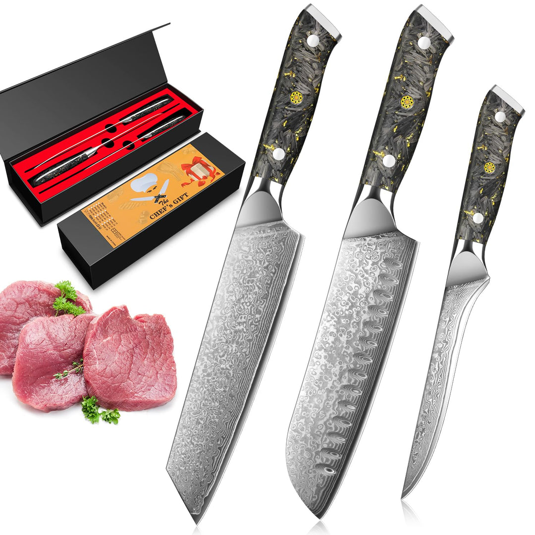 Home Safety Damast Santoku Messerset 3STK - Damast Küchenmesser Set mit 14.5-18 cm Klinge aus Kirits