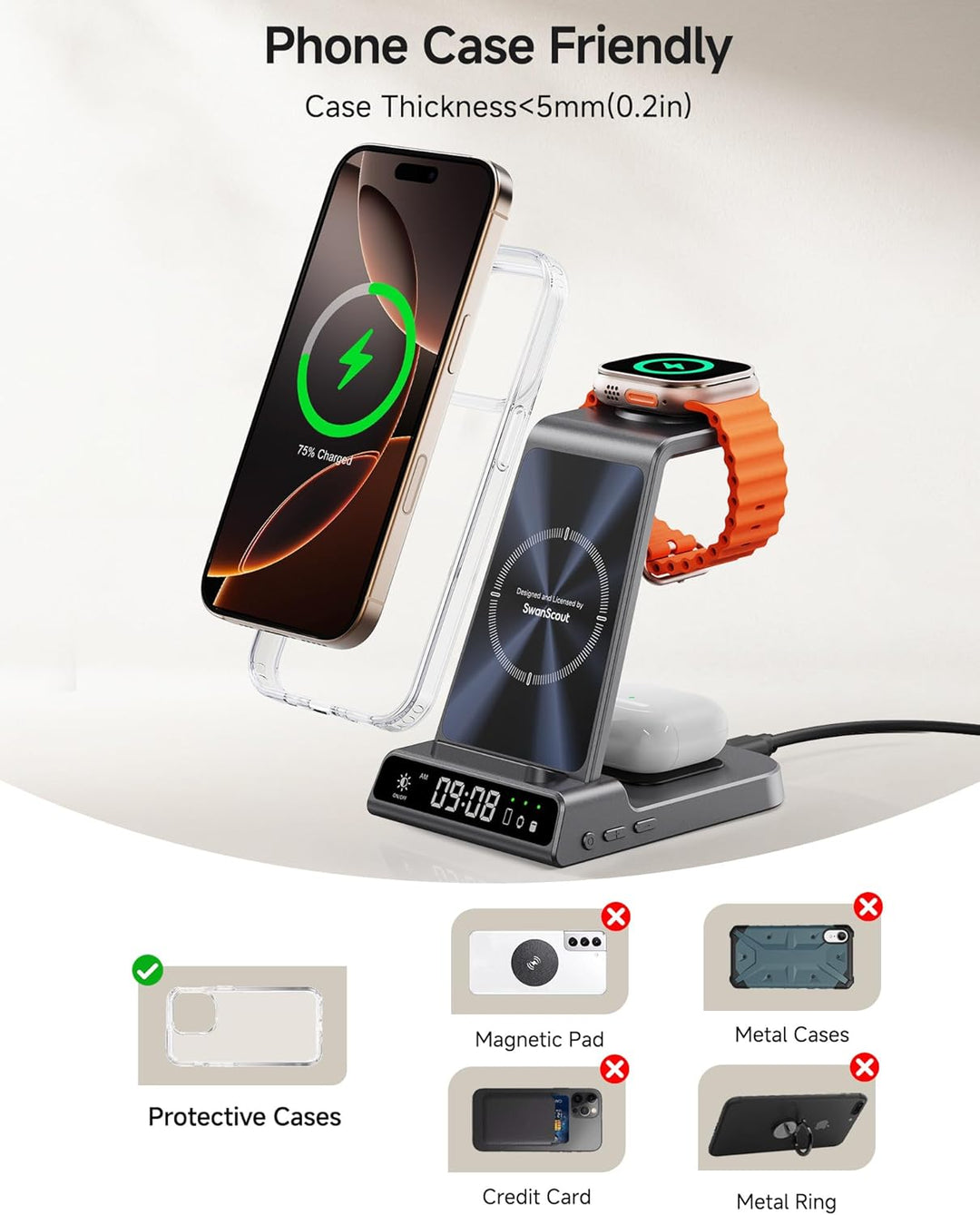 Induktive Ladestation für iPhone Air/17/16/15/14/13/12, 3 in 1 Wireless Charger für Apple Watch Ultr