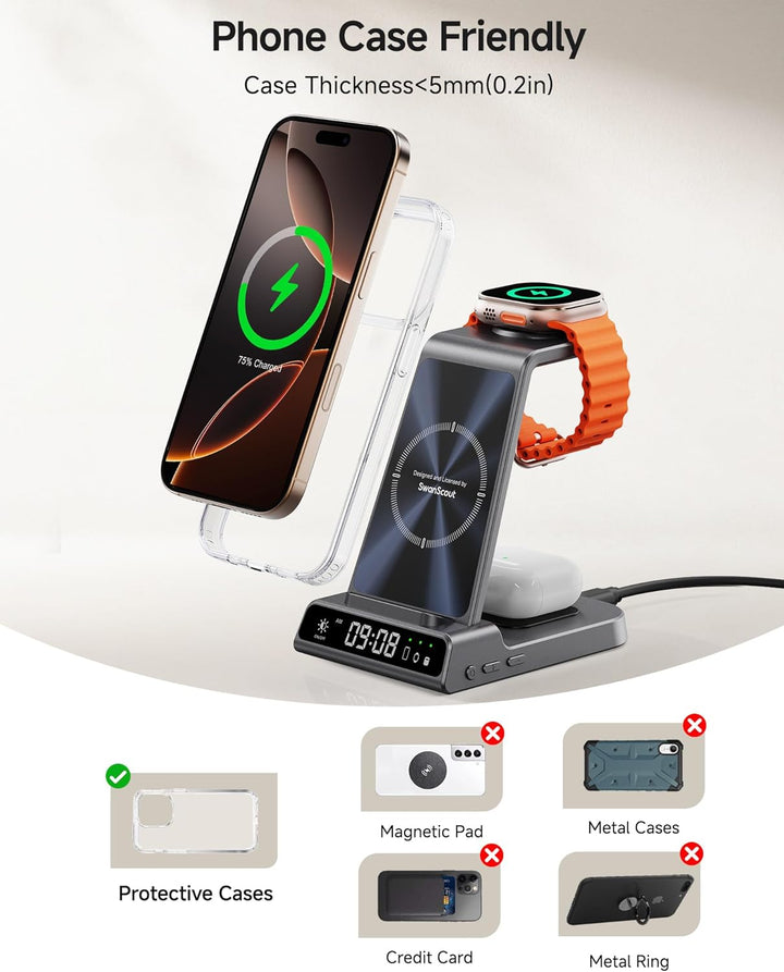 Induktive Ladestation für iPhone Air/17/16/15/14/13/12, 3 in 1 Wireless Charger für Apple Watch Ultr