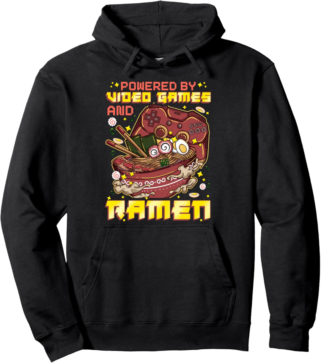 Cute Anime Cat Powered By Video Games And Ramen Pullover Hoodie